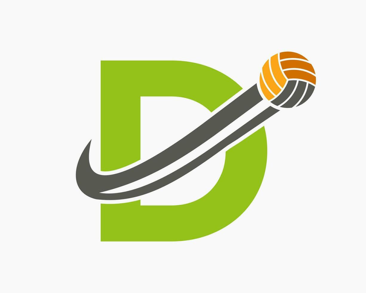 brief d volleybal logo concept met in beweging volley bal icoon. volleybal sport- logotype sjabloon vector