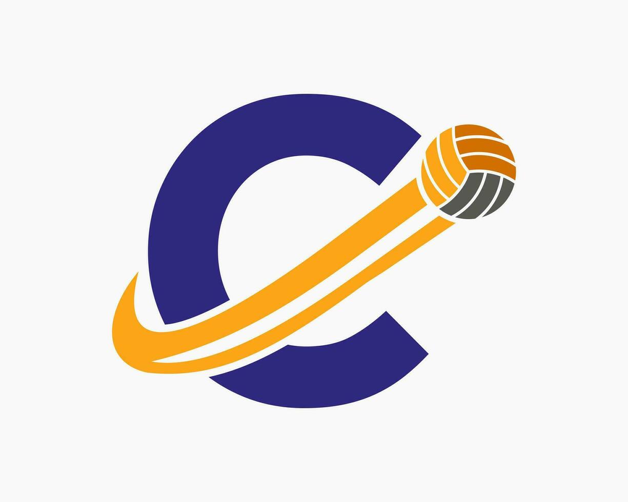 brief c volleybal logo concept met in beweging volley bal icoon. volleybal sport- logotype sjabloon vector