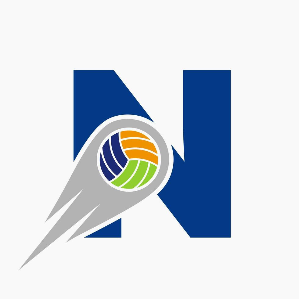 brief n volleybal logo concept met in beweging volley bal icoon. volleybal sport- logotype sjabloon vector