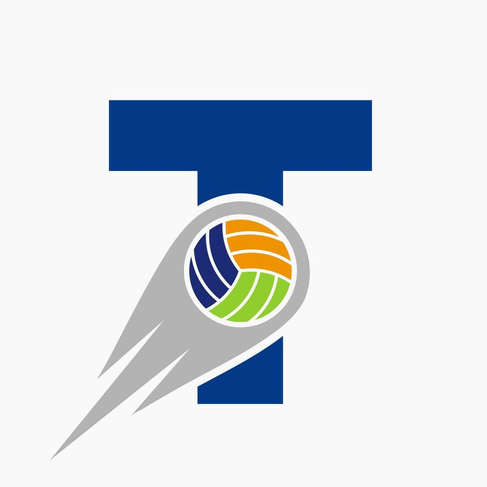 brief t volleybal logo concept met in beweging volley bal icoon. volleybal sport- logotype sjabloon vector