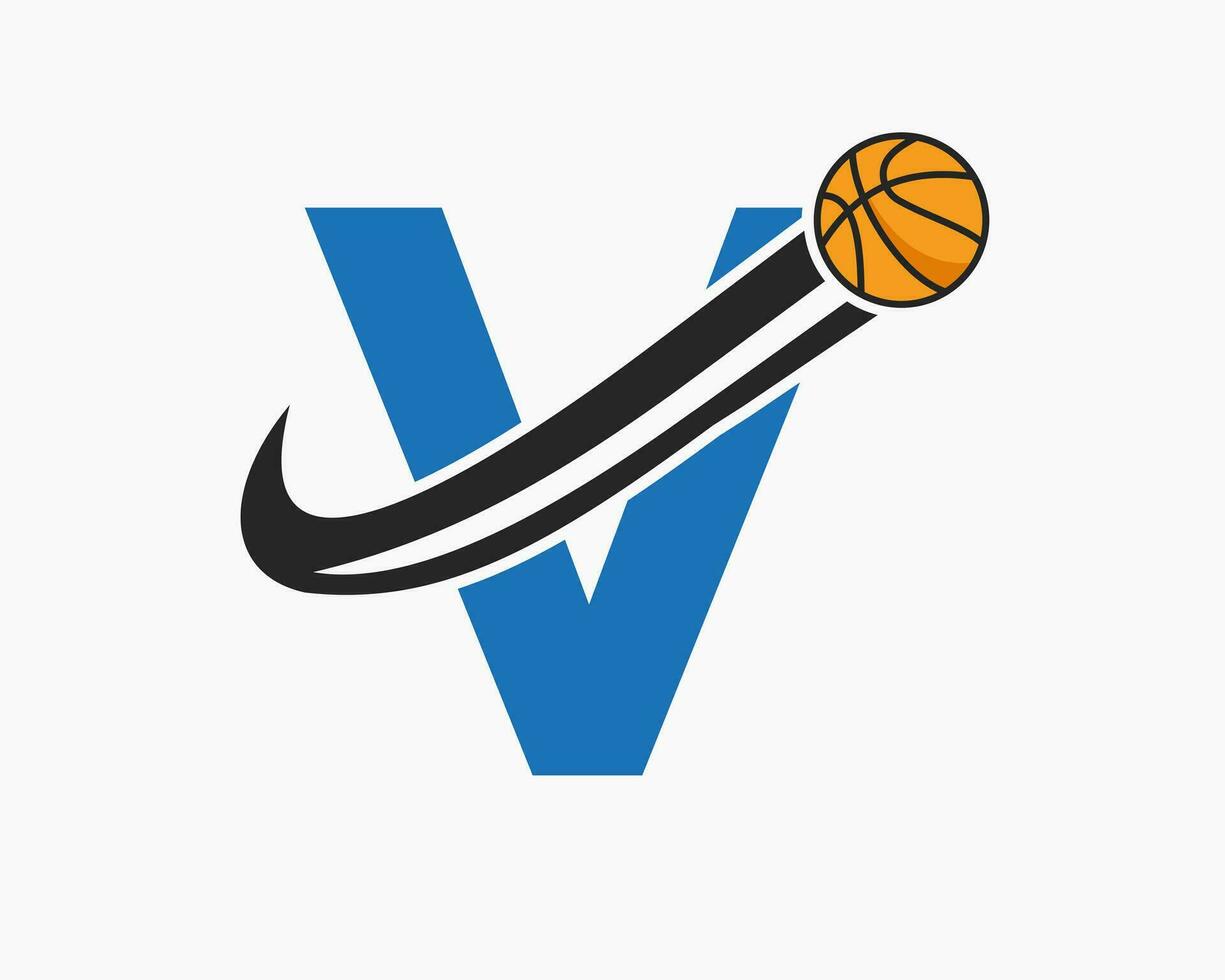 eerste brief v basketbal logo concept met in beweging basketbal icoon. mand bal logotype symbool vector