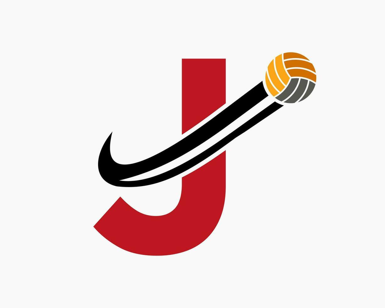 brief j volleybal logo concept met in beweging volley bal icoon. volleybal sport- logotype sjabloon vector