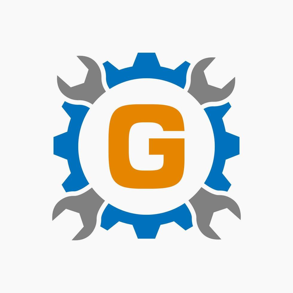 brief g reparatie logo uitrusting technologie symbool. bouw onderhoud logo ontwerp vector