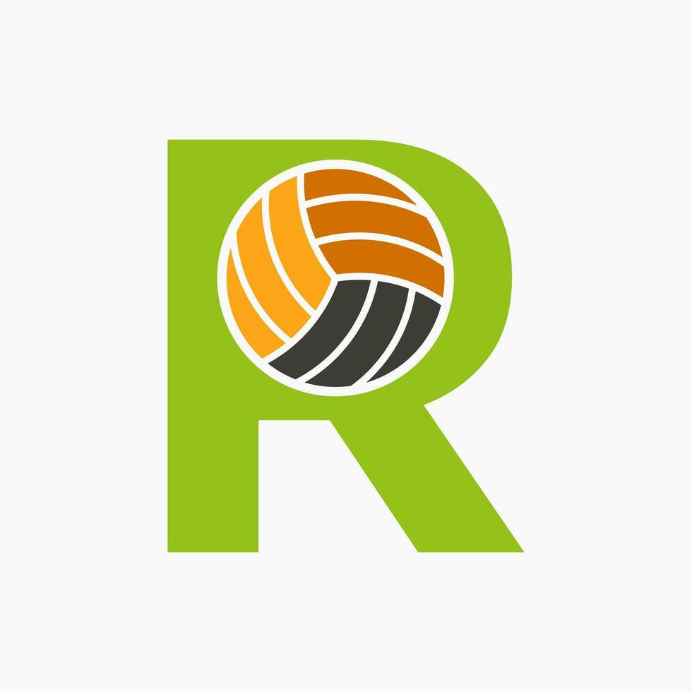 brief r volleybal logo concept met in beweging volley bal icoon. volleybal sport- logotype sjabloon vector