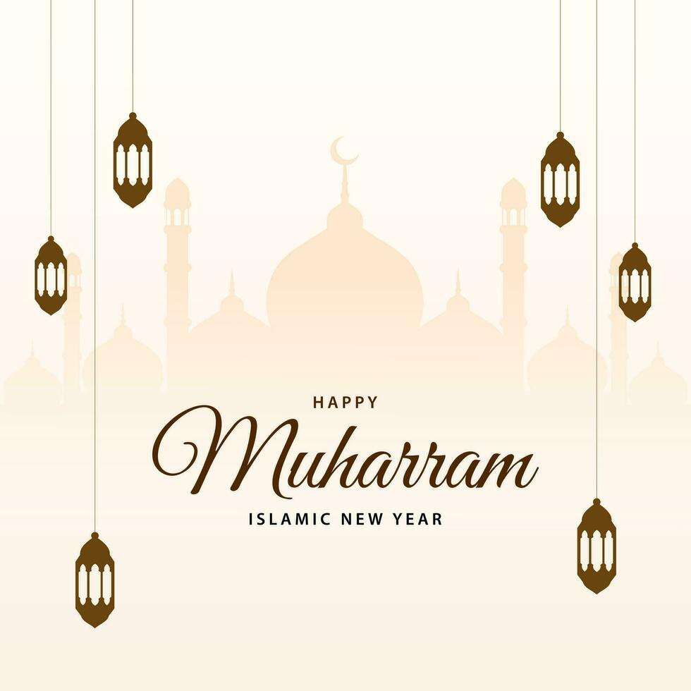 gelukkig Muharram Islamitisch nieuw jaar achtergrond. hijri nieuw jaar groet kaart ontwerp met moskee en lantaarn. vector illustratie.