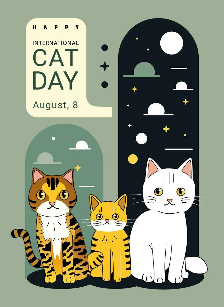 Internationale kat dag poster met drie schattig katten Aan een nacht lucht achtergrond, kat dag uitnodiging, viering van augustus 8. vector