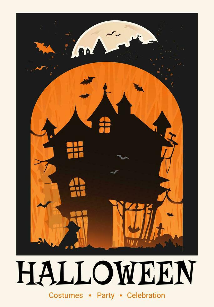 halloween partij poster, vector viering banier, groet, uitnodiging met halloween vakantie met griezelig huis silhouet, maan en vleermuizen in de omgeving van.
