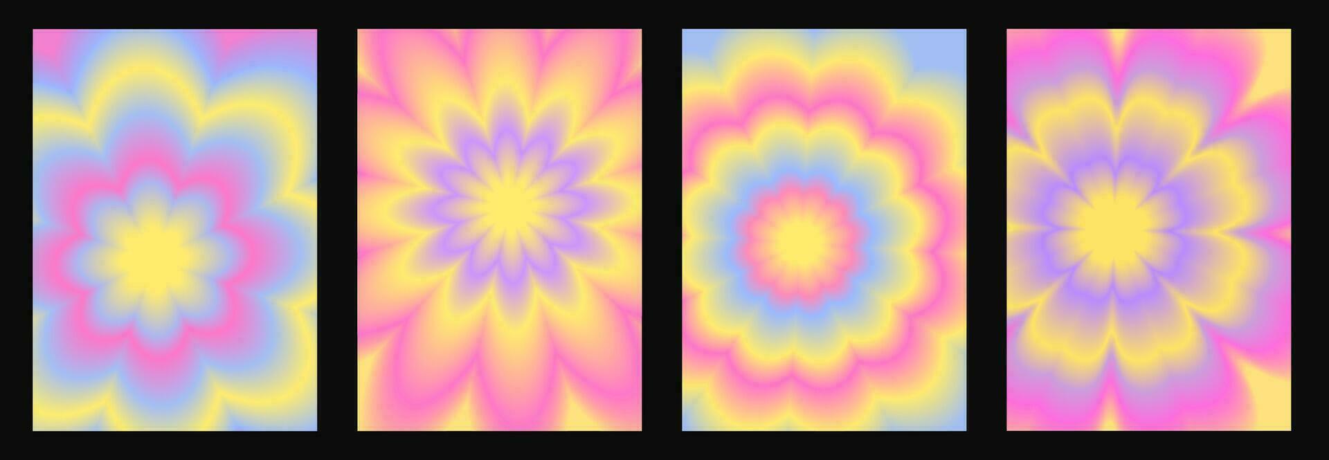reeks van vier psychedelisch y2k affiches, kleurrijk achtergronden met levendig levendig kleuren, vector jaren 2000 esthetisch achtergronden.