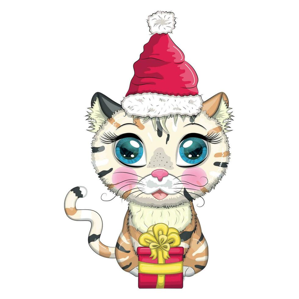 schattig tekenfilm kat in de kerstman hoed met geschenk, Kerstmis bal, snoep kane. winter 2023, Kerstmis en Chinese nieuw vector