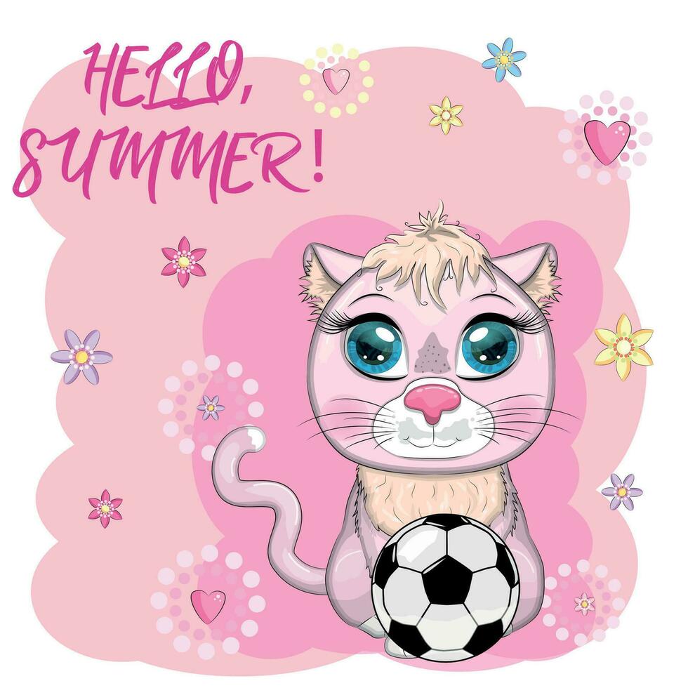 tekenfilm kat met een voetbal bal. zomer, vakantie. schattig kind karakter, symbool van 2023 nieuw Chinese jaar vector