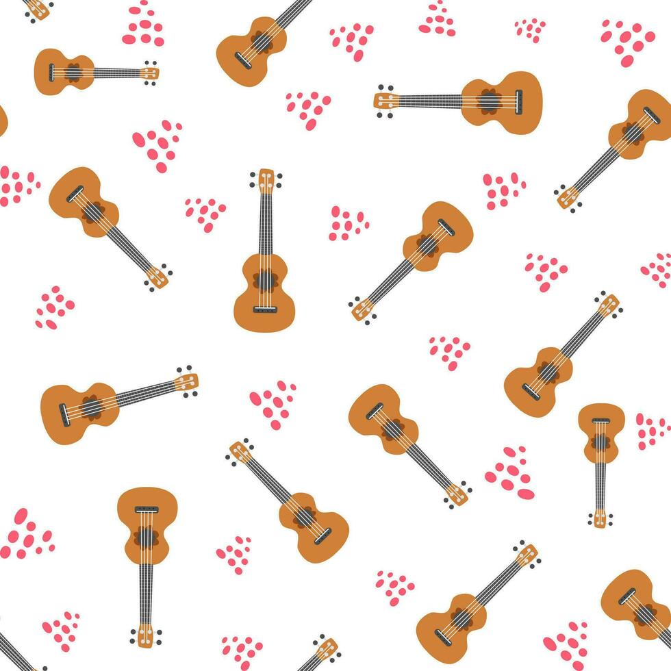 ukulele naadloos patroon, ukelele. patroon met monster, bladeren, bloemen, notities, inscripties vector