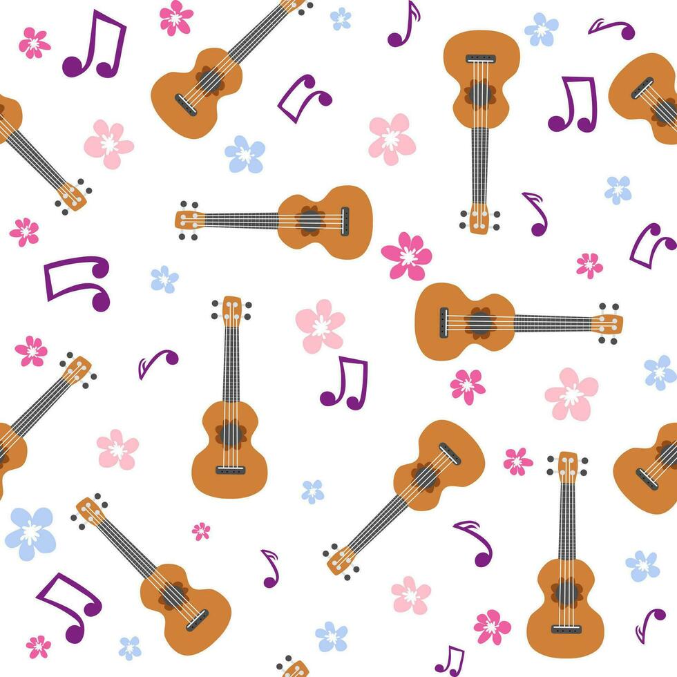 ukulele naadloos patroon, ukelele. patroon met monster, bladeren, bloemen, notities, inscripties vector