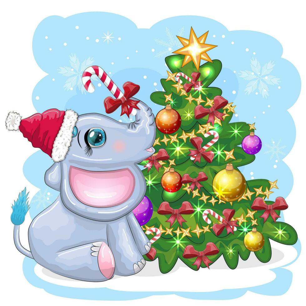 schattig tekenfilm olifant, kinderachtig karakter in de kerstman hoed met geschenk, Kerstmis bal of snoep riet in de buurt Kerstmis boom vector