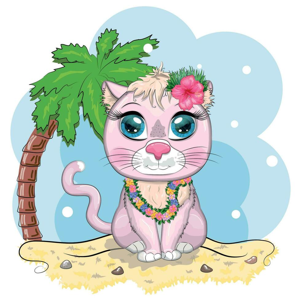 tekenfilm kat gekleed net zo een hula danser onder de ukelele, Hawaii. zomer, vakantie. schattig kind karakter, symbool van 2023 vector