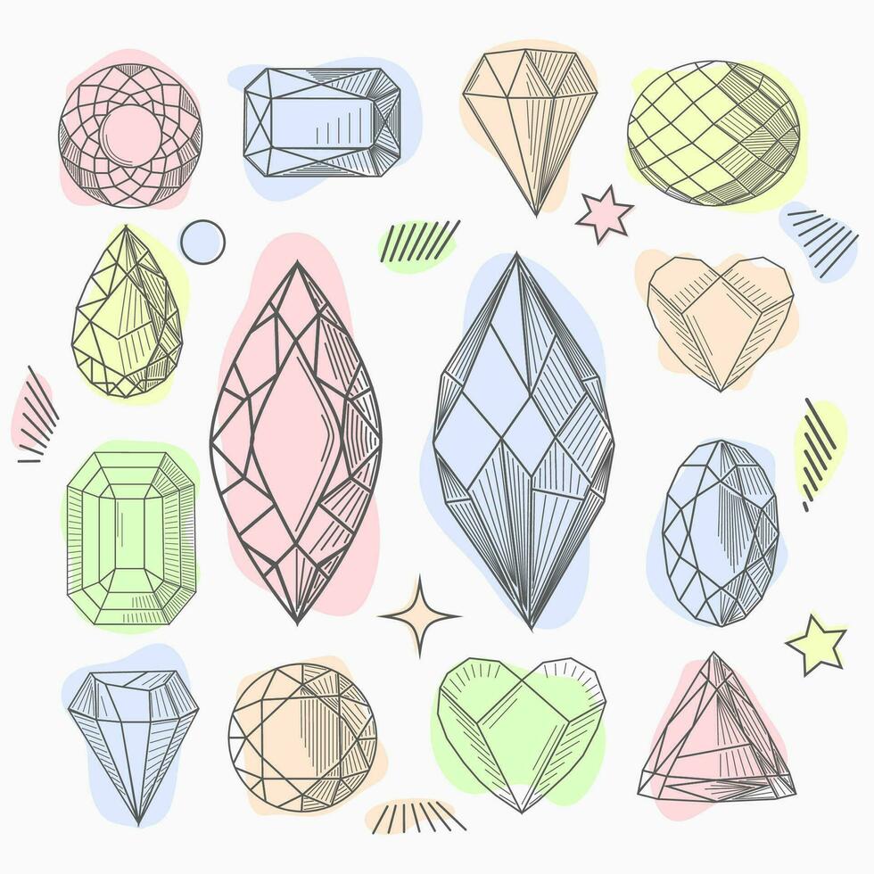 hand- getrokken lijn kunst Kristallen, geïsoleerd voorwerpen. kristal steen kristallijn edelsteen en kostbaar edelsteen voor sieraden illustratie vector