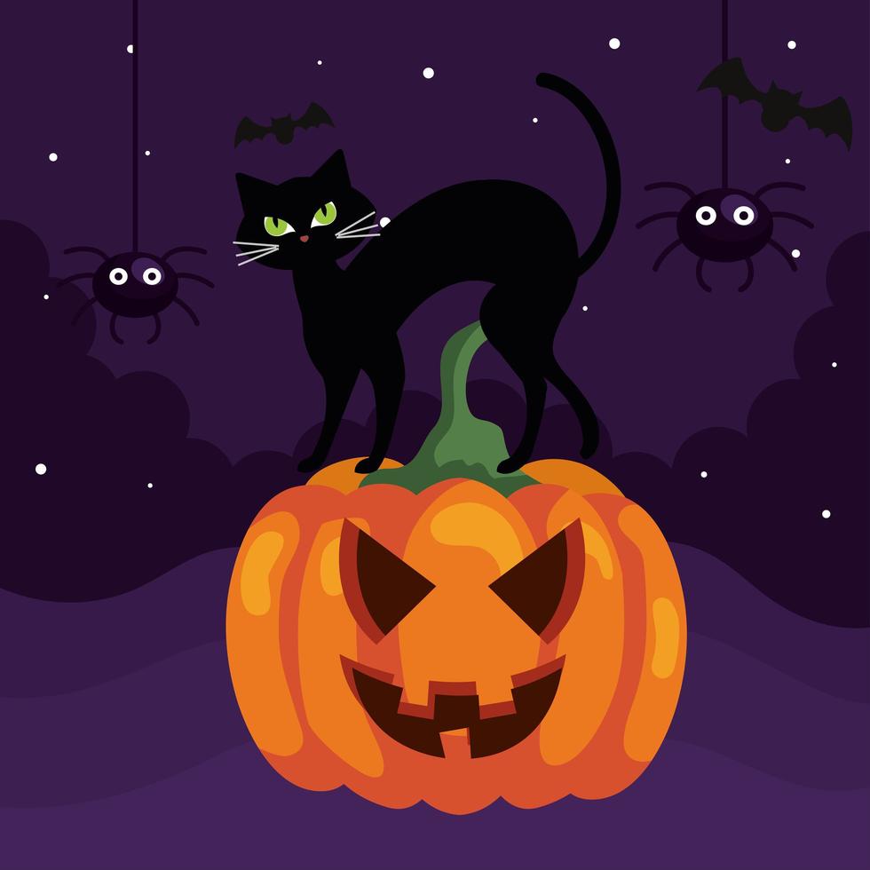 happy halloween banner met kat op pompoen en spinnen and vector