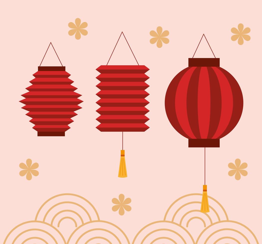Chinees medio herfstfestival met hangende lantaarns en bloemendecoratie vector
