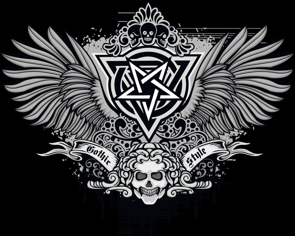 gotische bord met schedel en vleugels grunge vintage design t-shirts vector