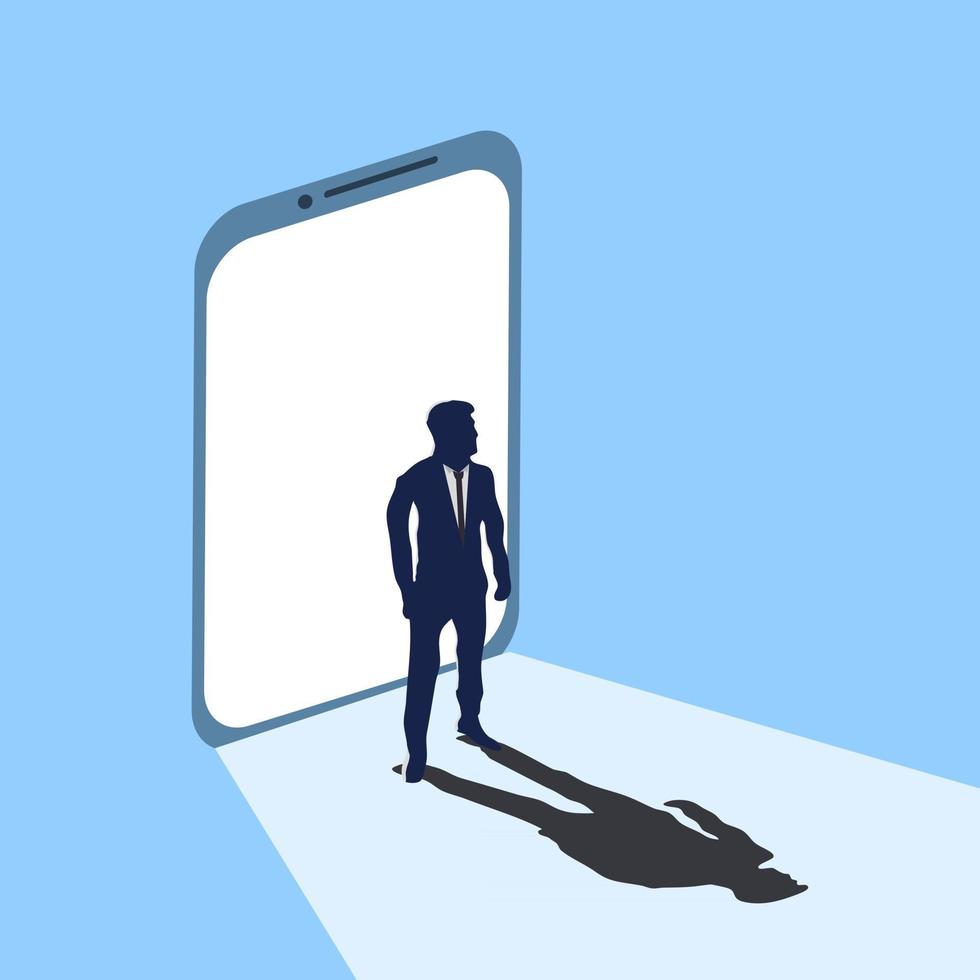 bedrijfsconcept illustratie van een zakenman die uit het scherm van een smartphone komt, zeer zelfverzekerd klaar om een bedrijf te starten of een probleem op te lossen; vector