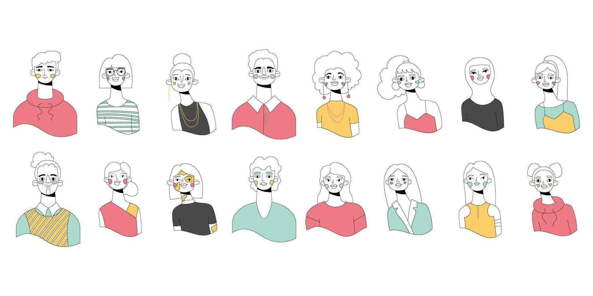 reeks van avatars pictogrammen van mensen gezichten. verscheidenheid tekens voor sociaal media, gebruiker profiel, app ontwerp, websites. tekenfilm vector illustratie van mannen en Dames.