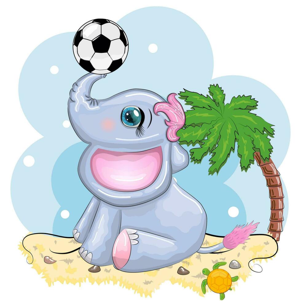 schattig tekenfilm olifant, kinderen karakter met mooi ogen met een voetbal bal, spellen voor kinderen en volwassenen vector