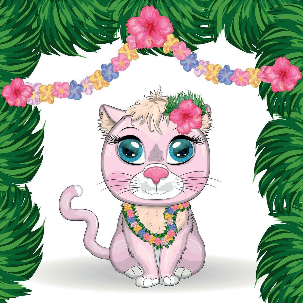tekenfilm kat gekleed net zo een hula danser onder de ukelele, Hawaii. zomer, vakantie. schattig kind karakter, symbool van 2023 vector