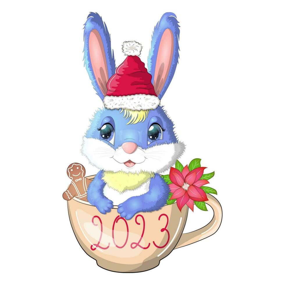een schattig tekenfilm konijn in een de kerstman hoed zit in een kop met koekjes en kerstster. winter 2023, Kerstmis en nieuw jaar vector
