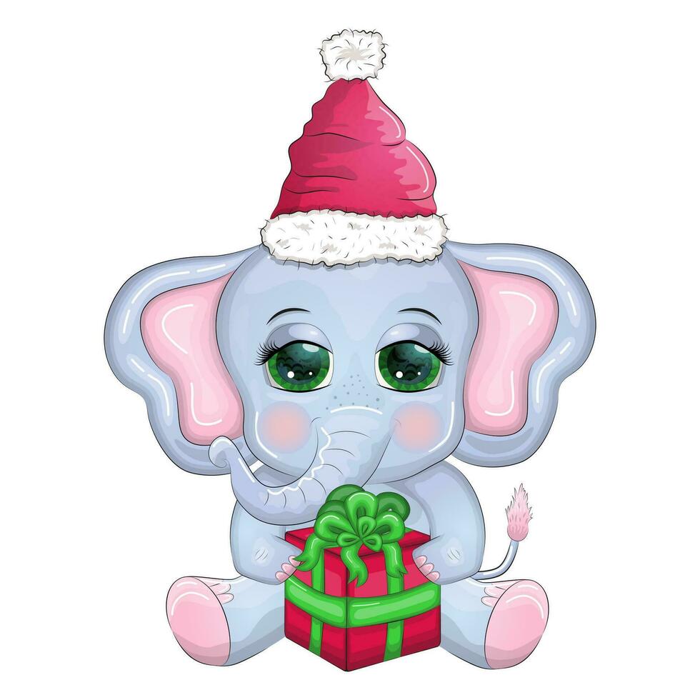 schattig tekenfilm olifant, kinderachtig karakter met mooi ogen vervelend de kerstman hoed, sjaal, Holding geschenk, Kerstmis bal vector