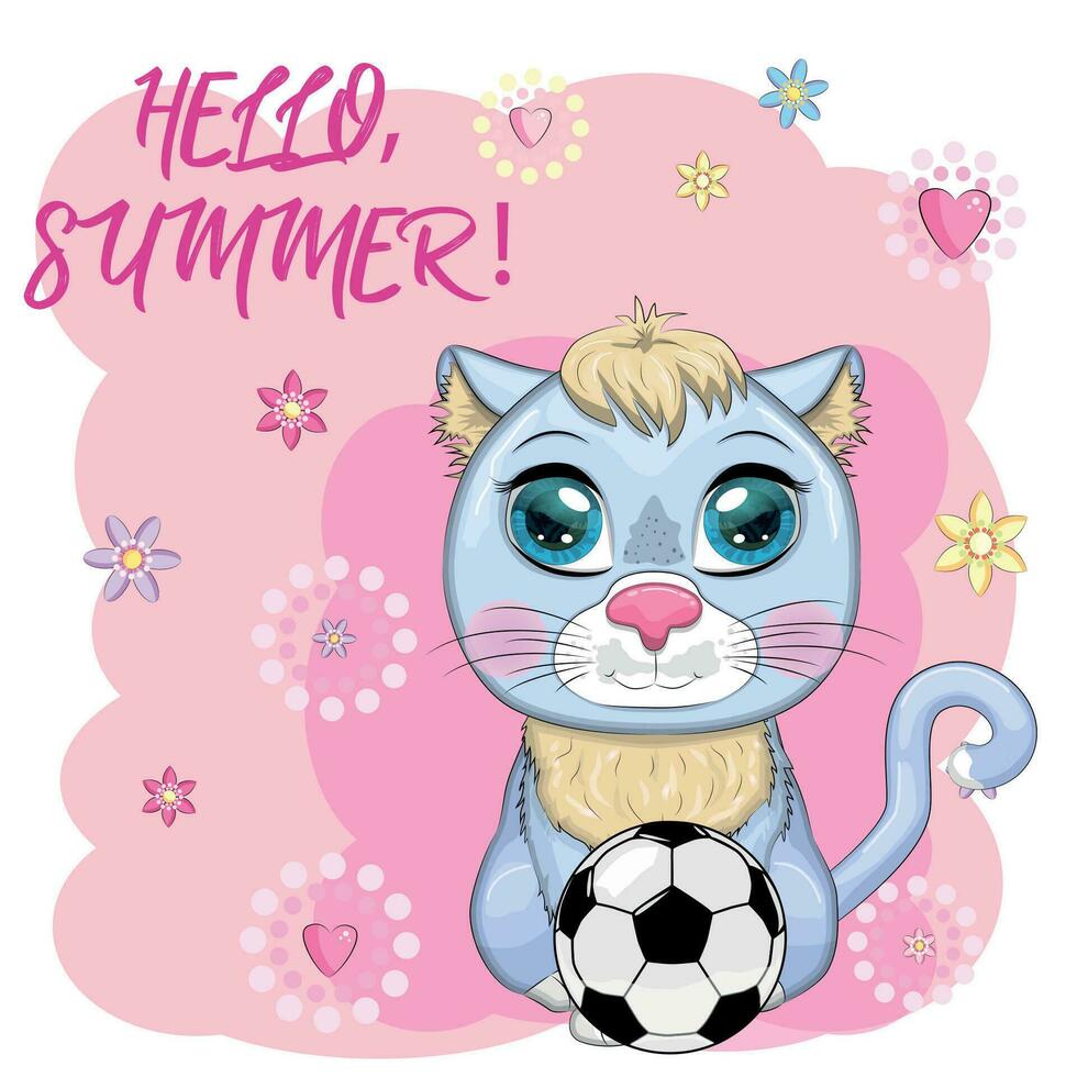 tekenfilm kat met een voetbal bal. zomer, vakantie. schattig kind karakter, symbool van 2023 nieuw Chinese jaar vector