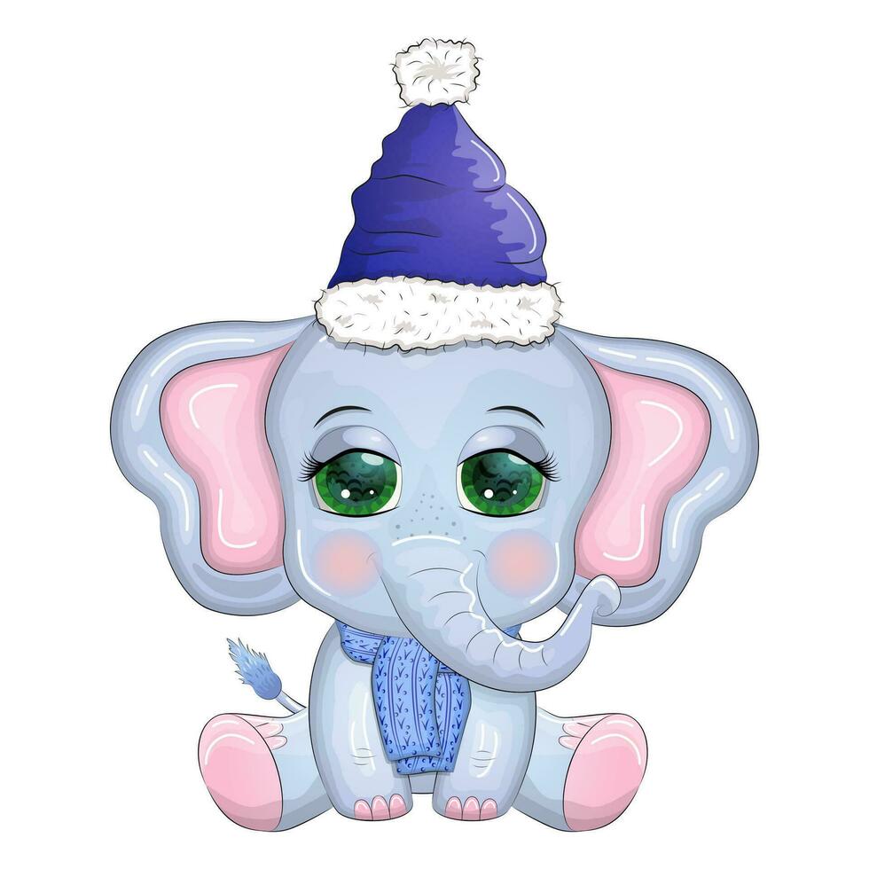 schattig tekenfilm olifant, kinderachtig karakter met mooi ogen vervelend de kerstman hoed, sjaal, Holding geschenk, Kerstmis bal vector