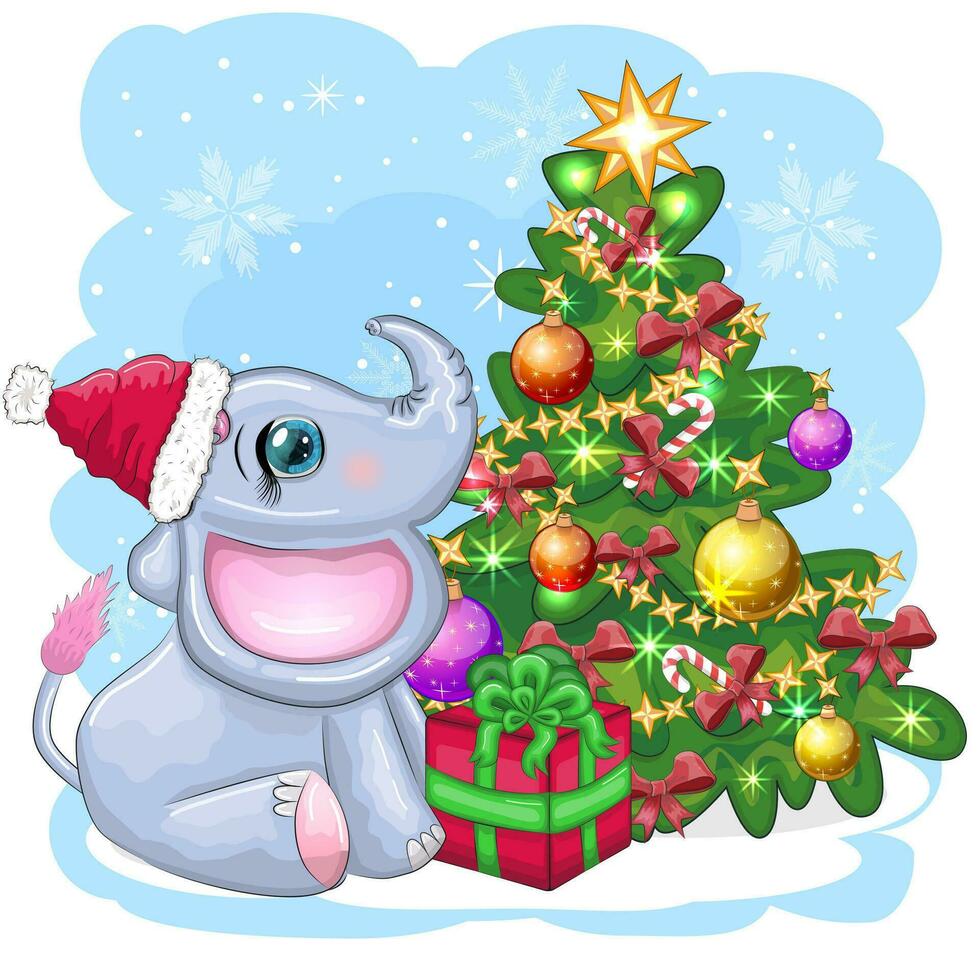 schattig tekenfilm olifant, kinderachtig karakter in de kerstman hoed met geschenk, Kerstmis bal of snoep riet in de buurt Kerstmis boom vector