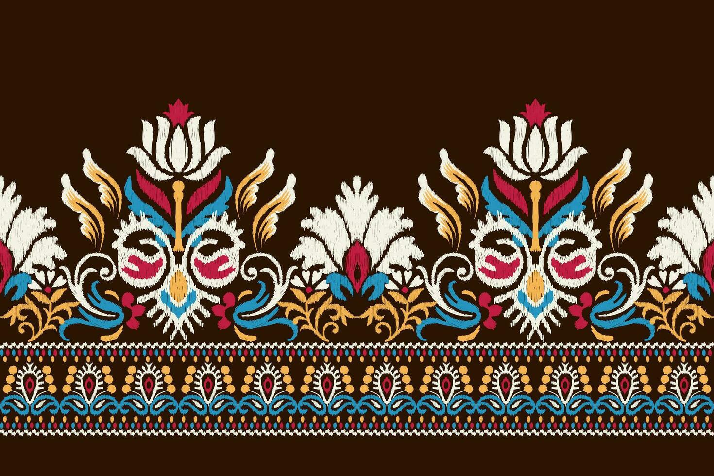 ikat bloemen paisley borduurwerk Aan bruin achtergrond.ikat etnisch oosters patroon traditioneel.azteken stijl abstract vector illustratie.ontwerp voor textuur, stof, kleding, verpakking, decoratie, sarong, sjaal