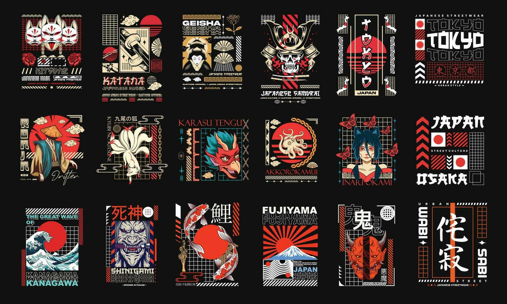 Japans streetwear t-shirt ontwerpen bundel, Japan cultuur t-shirt kunstwerk, samurai oni masker vector illustratie