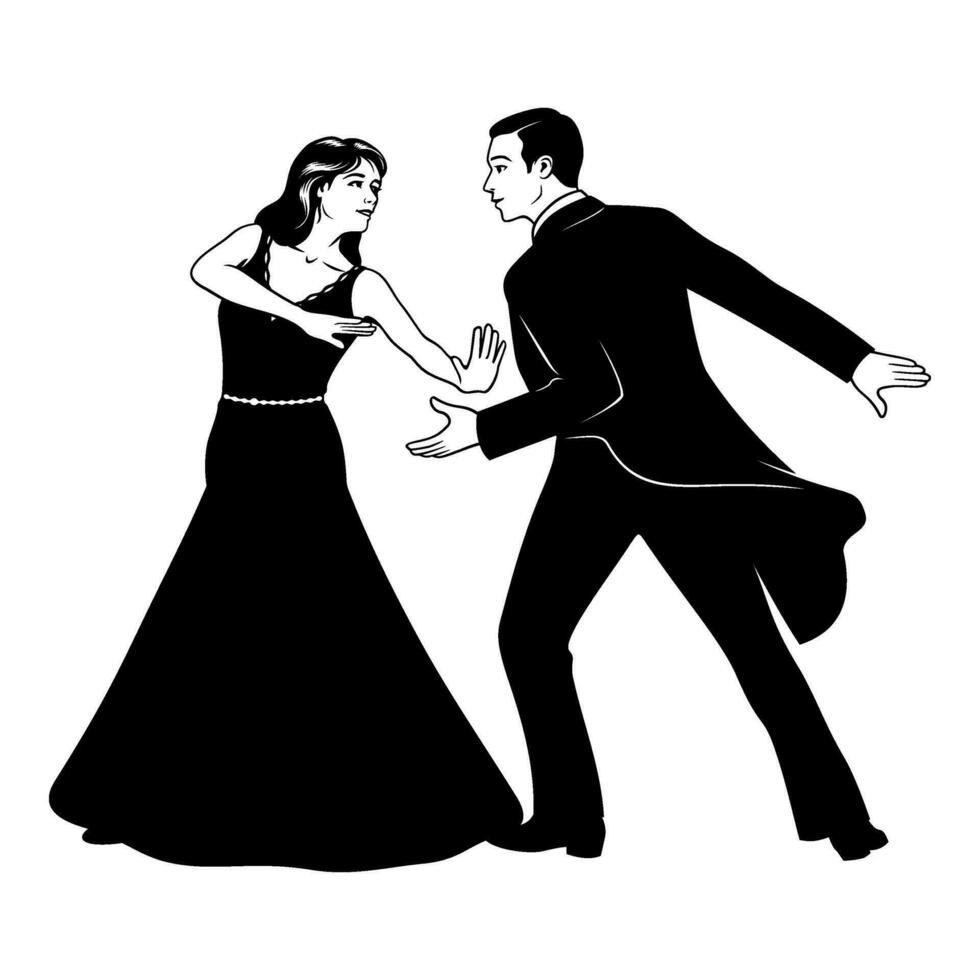 dansen paar silhouet. Mens en vrouw in retro pakken dansen. figuren zijn de scheiden voorwerpen. vector cliparts geïsoleerd Aan wit.