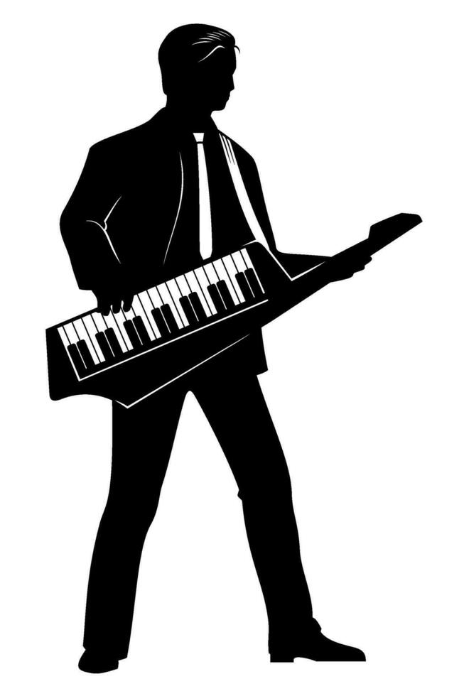 silhouet van Mens spelen Aan een keytar. vector clip art geïsoleerd Aan wit.