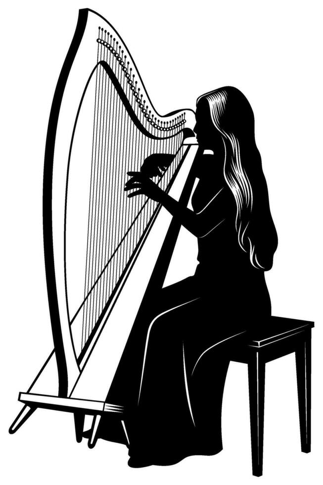 silhouet van vrouw spelen Aan een harp. vector clip art geïsoleerd Aan wit.