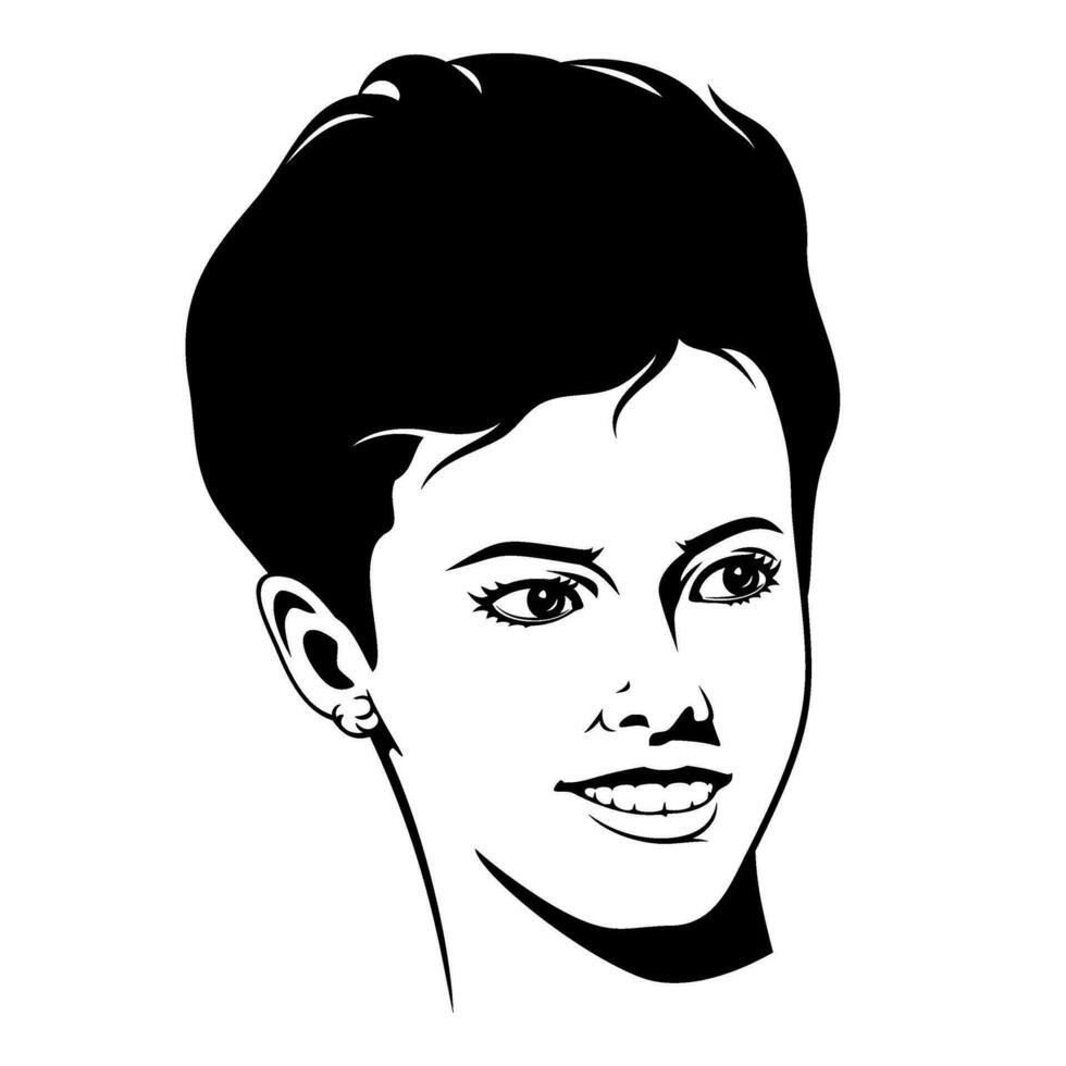 vrouw gezicht silhouet. zwart en wit portret van meisje met kort haar. vector clip art geïsoleerd Aan wit.