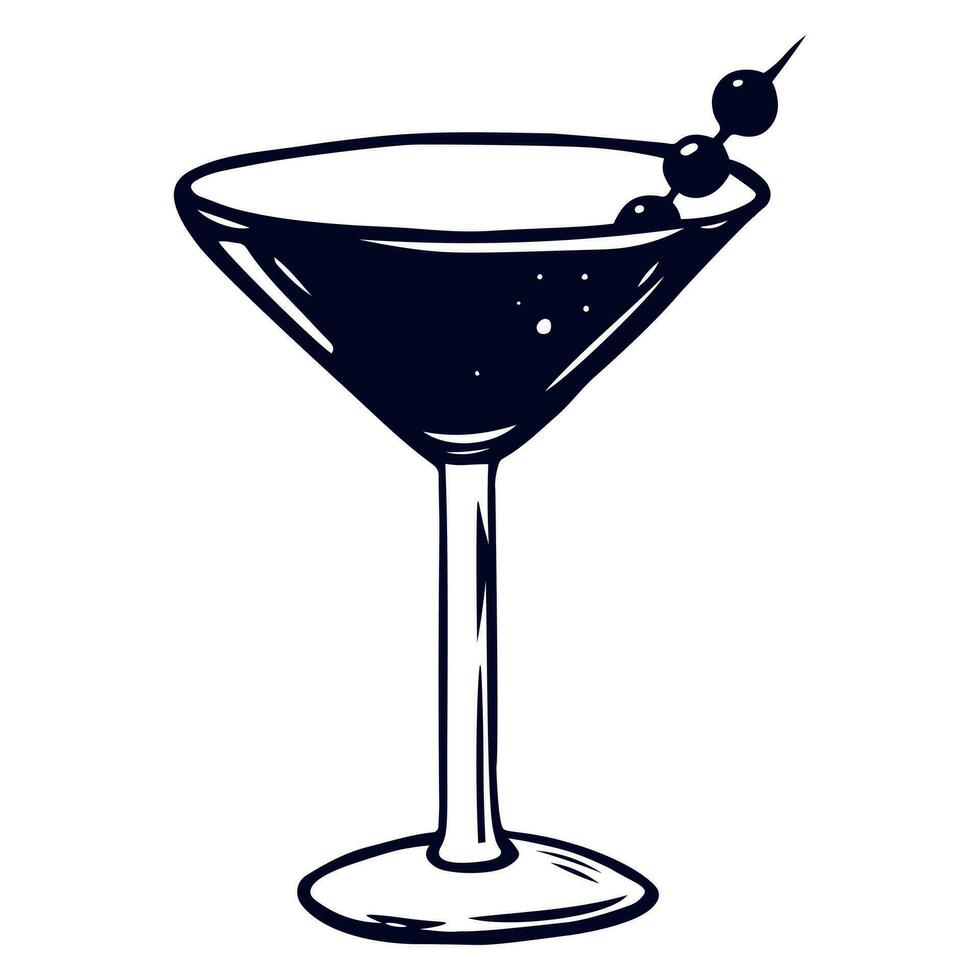 martini cocktail glas met olijven. hand- getrokken grafisch vector schetsen