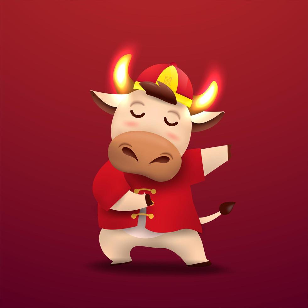 gelukkig chinees nieuwjaar 2021 os dierenriem schattig koe karakter in rood kostuum vector