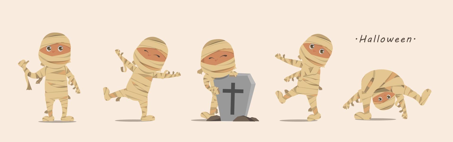 happy halloween day mummie kid stripfiguren ontwerp vector