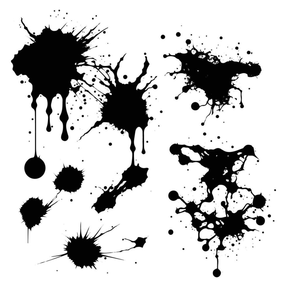 abstract zwart inkt plek set, inkt laten vallen effect inkt plons vector Aan wit achtergrond