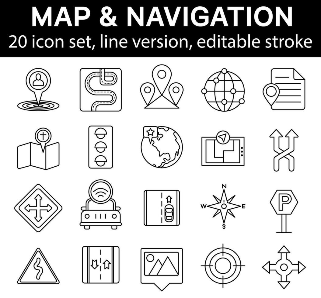 navigatie kaart en geolocatie icoon set. bewerkbaar beroerte vector