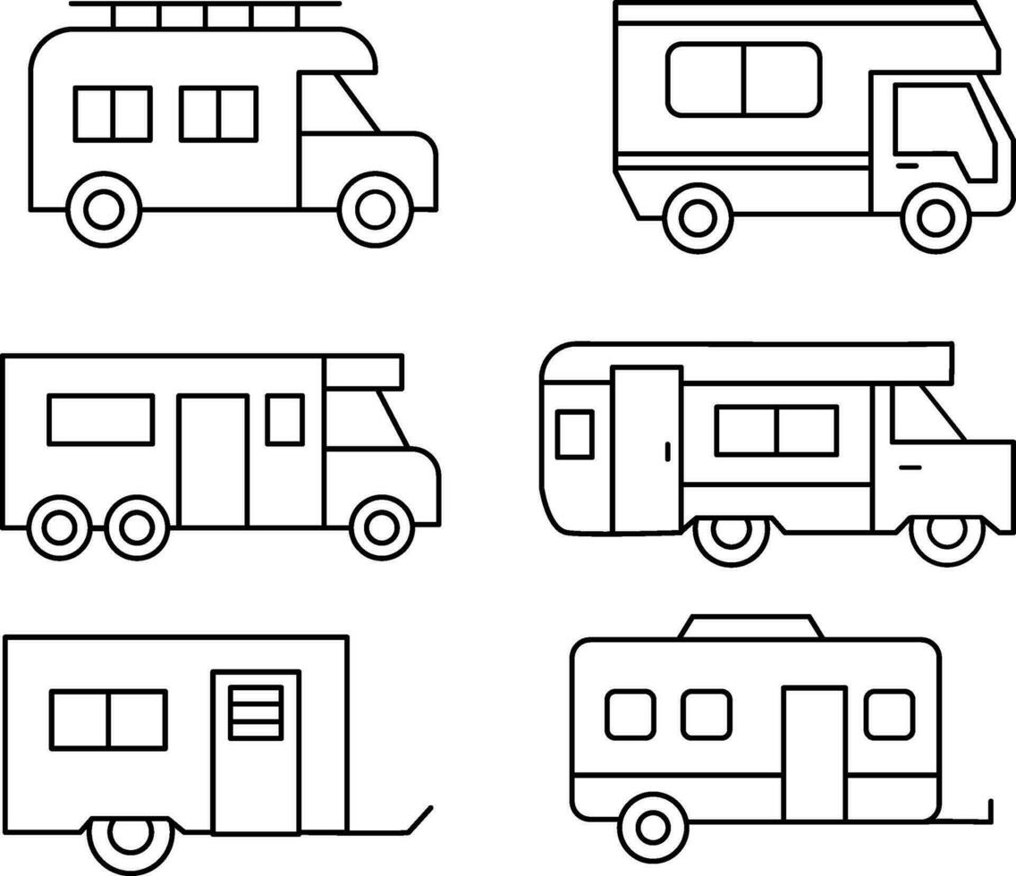 reeks van caravan, camper bestelwagen, en camper lijn pictogrammen vector