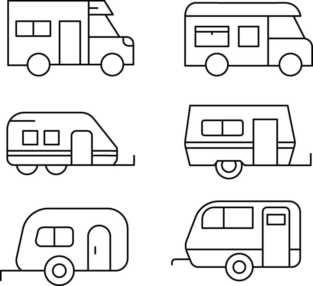 reeks van caravan, camper bestelwagen, en camper lijn pictogrammen vector