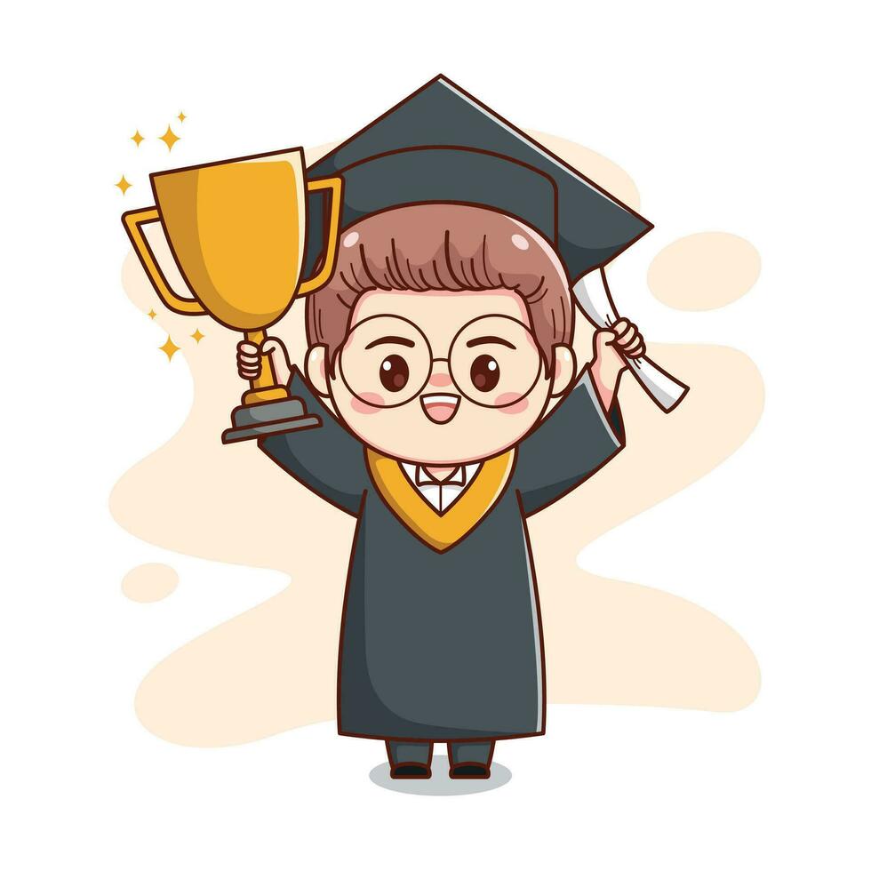 gelukkig diploma uitreiking jongen vervelend bril Holding trofee en papier schattig kawaii chibi tekenfilm vector