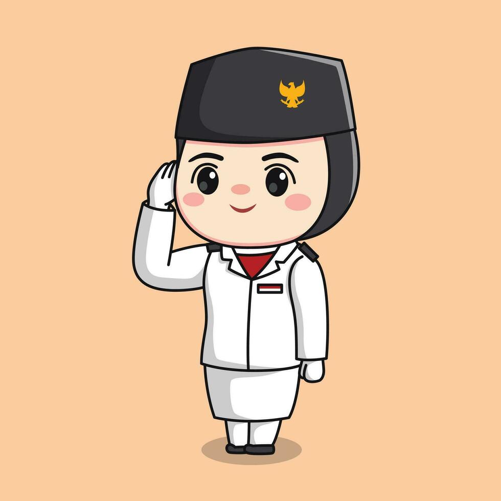 Indonesië onafhankelijkheid dag vlag opvoeder hijab vrouw karakter groeten chibi kawaii vector