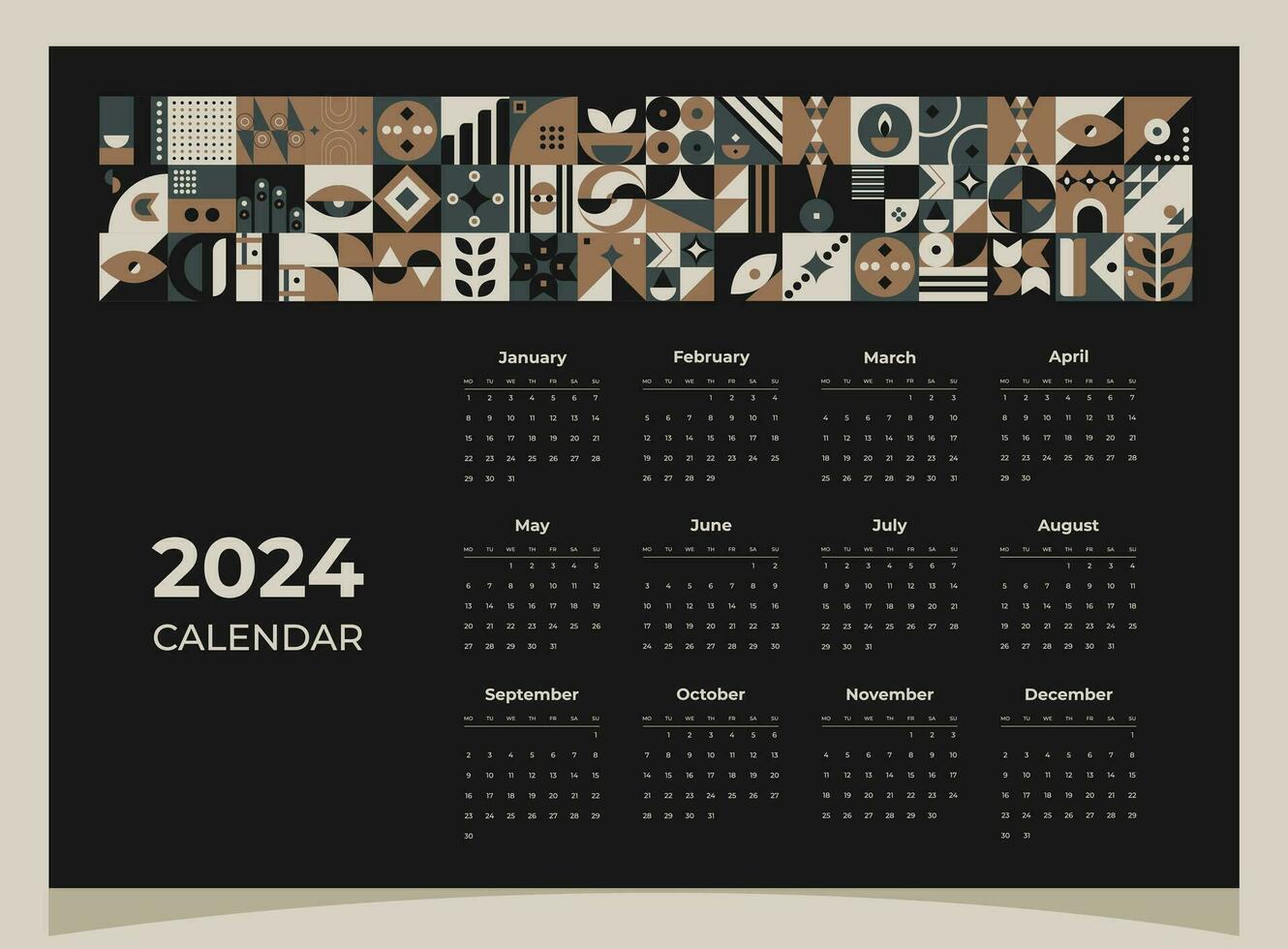 kalender 2024 meetkundig patronen. kalender sjabloon voor 2024 jaar met meetkundig vormen. vector