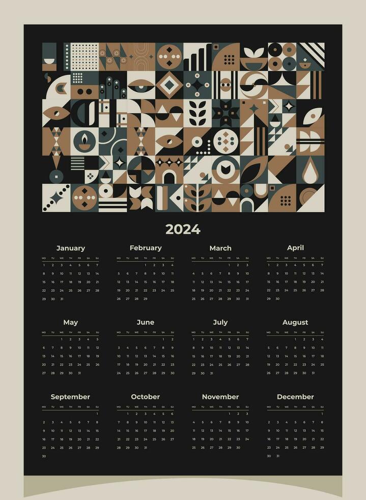 kalender 2024 meetkundig patronen. kalender sjabloon voor 2024 jaar met meetkundig vormen. vector