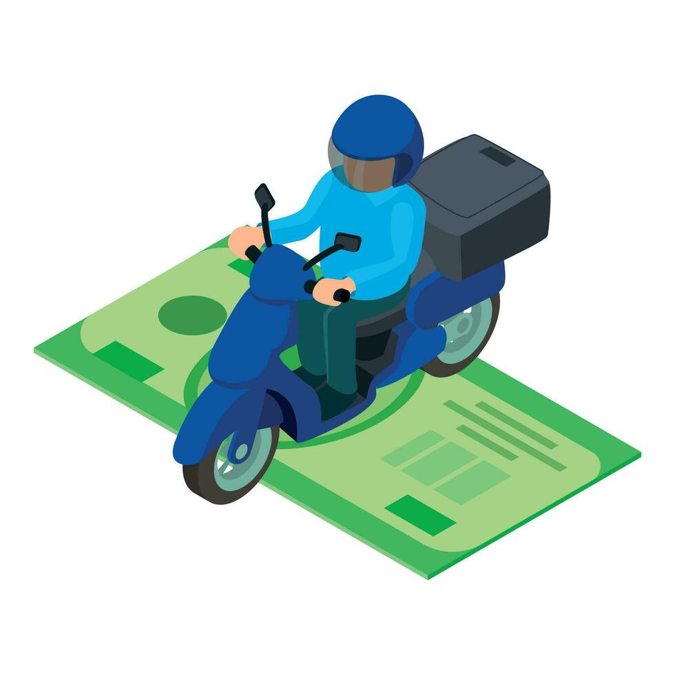 levering onderhoud icoon isometrische vector. moto levering koerier Aan groot dollar Bill vector