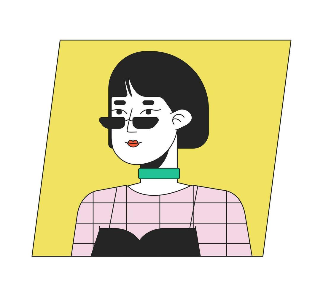 Aziatisch vrouw met bob kapsel en zonnebril vlak kleur tekenfilm avatar icoon. bewerkbare 2d gebruiker portret lineair illustratie. geïsoleerd vector gezicht profiel clip art. gebruikersfoto, persoon hoofd en schouders
